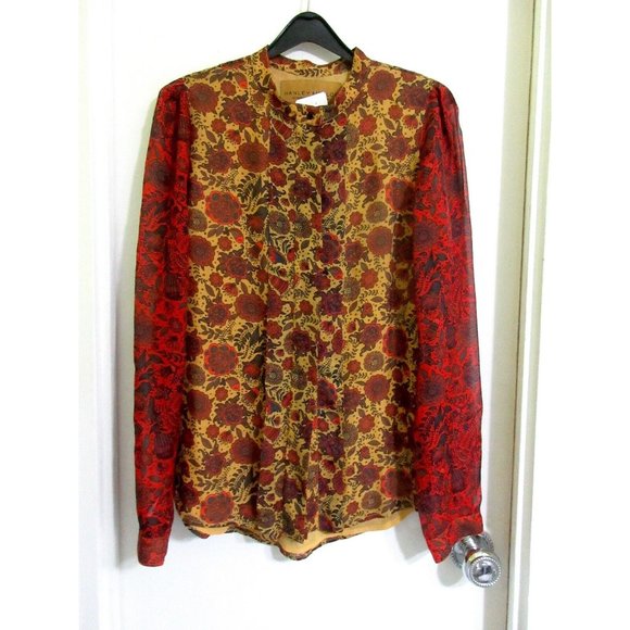 Hanley Mellon 100% Silk 6 Blouse Gold Multi Floral Boho Semi Sheer S Tunic Mint! - Picture 2 of 11